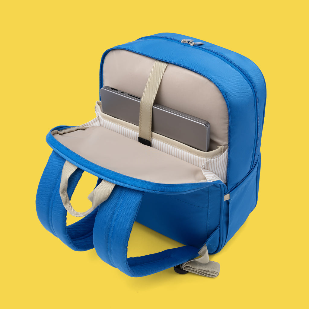 open ocean blue daytrip backpack with laptop in it