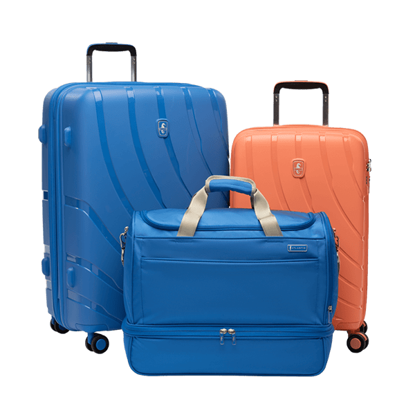 atlantic hardshell luggage and weekender bags shown in coral orange and ocean blue 