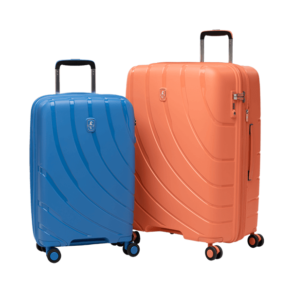 atlantic hardshell luggage shown in coral orange and ocean blue
