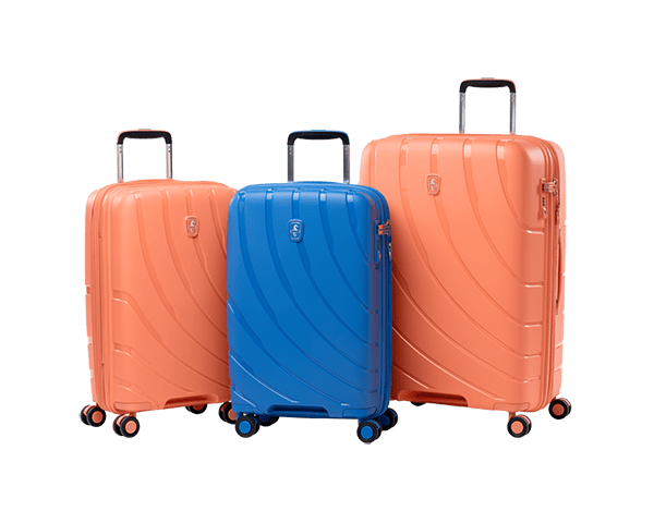 atlantic hardshell luggage shown in coral orange and ocean blue