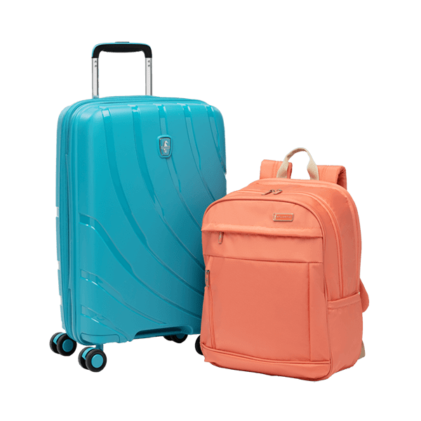 atlantic hardshell luggage and backpack shown in coral orange and surf teal