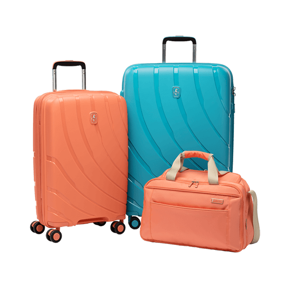 atlantic hardshell luggage and weekender bags shown in coral orange and surf teal