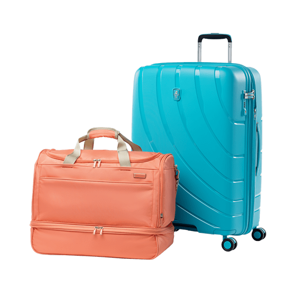 atlantic hardshell luggage and weekender bag shown in coral orange and surf teal