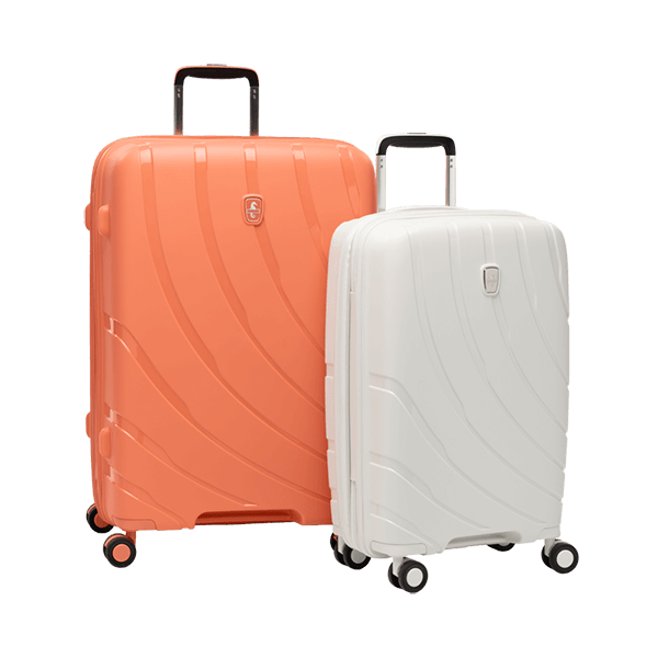 atlantic hardshell luggage shown in coral orange and shell white