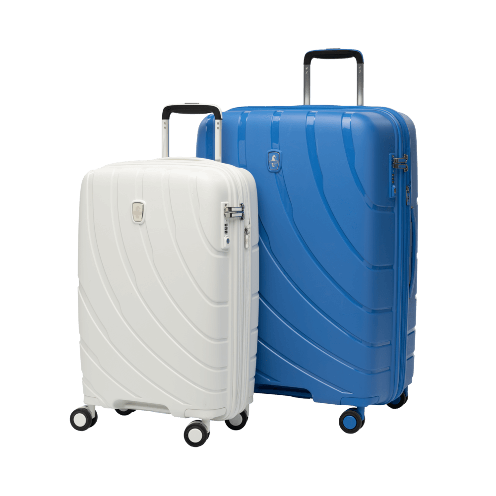 atlantic hardshell luggage shown in shell white and ocean blue