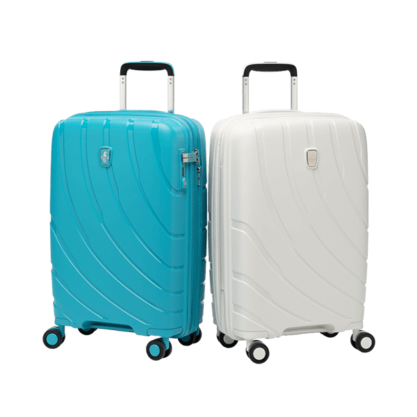 atlantic hardshell luggage and weekender bags shown in surf teal and shell white