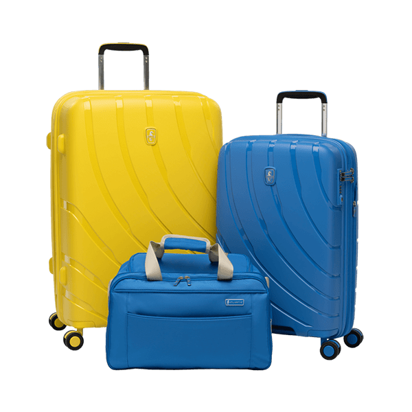 atlantic hardshell luggage and weekender bags shown in sunshine yellow and ocean blue