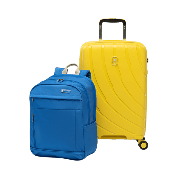 atlantic hardshell luggage and backpack shown in sunshine yellow and ocean blue