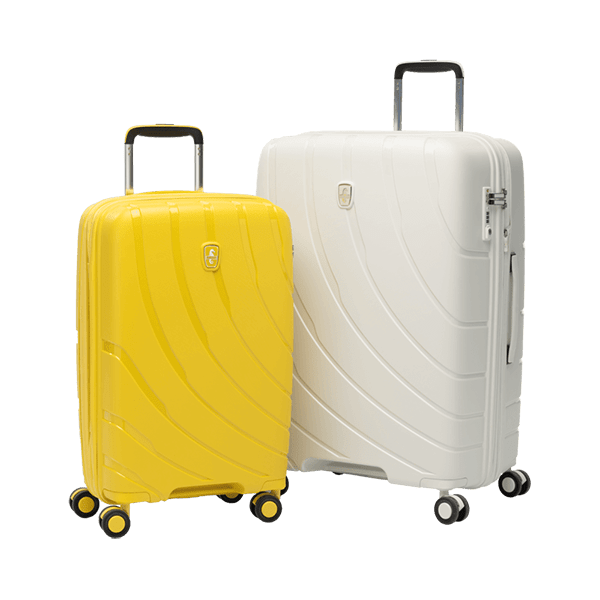 atlantic hardshell luggage shown in sunshine yellow and shell white