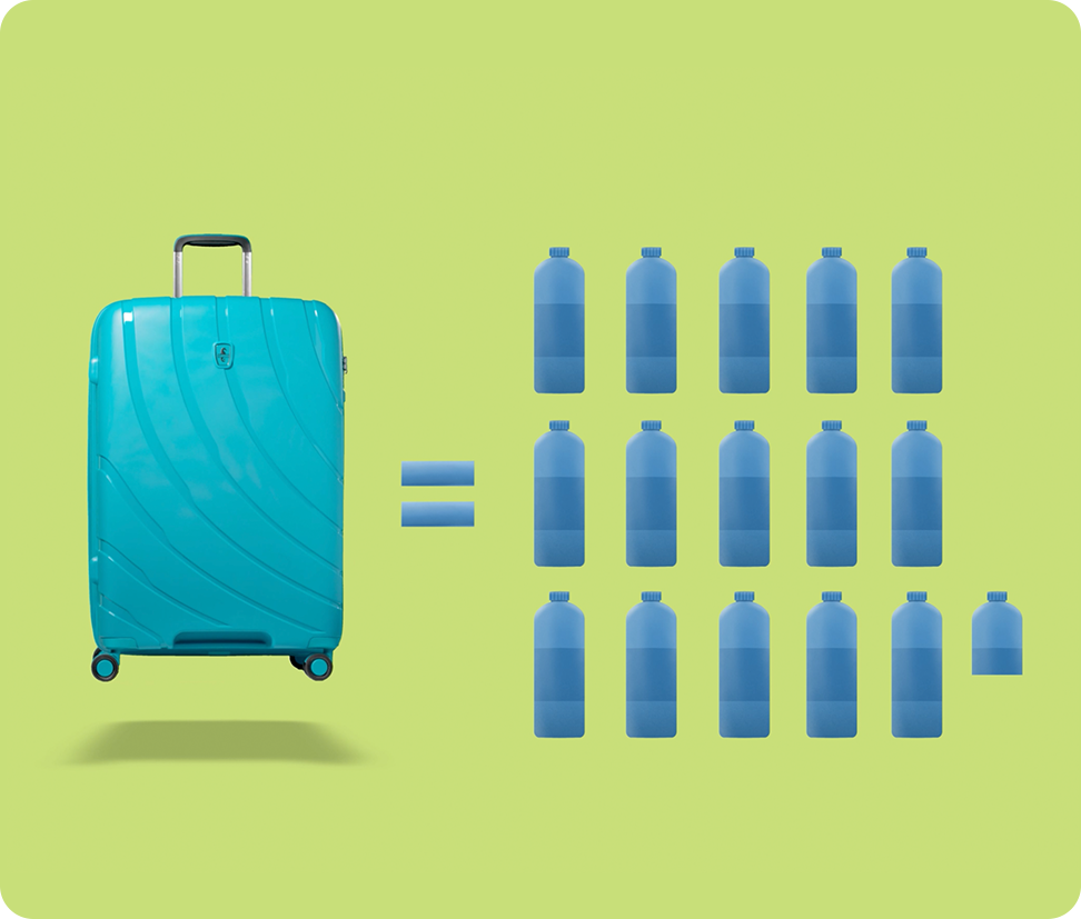 surf teal luggage is made from fifteen and a half plastic bottles
